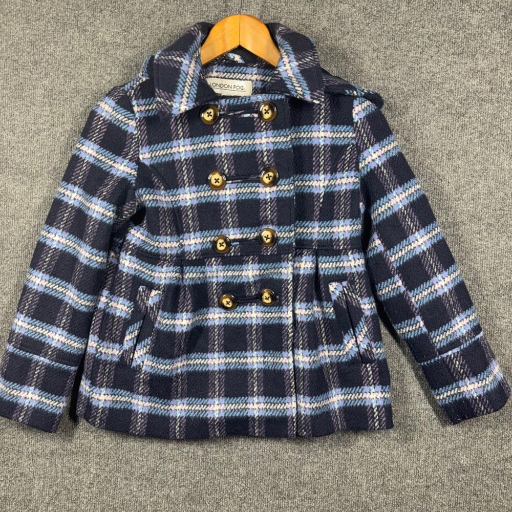 London Fog Coat Kids 10/12 Plaid Double‎ Breasted Hooded Button